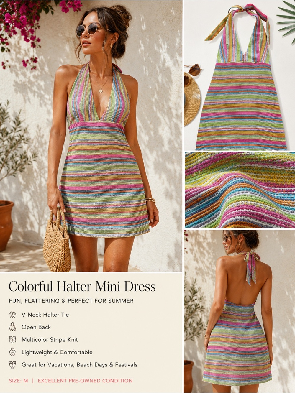 Backless Halter Stripe Knit Dress - Multicolor